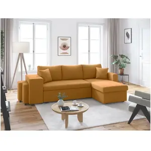 LOUNGITUDE Canapé convertible avec 2 poufs gauche en velours côtelé - Jaune pas cher