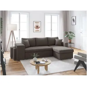 LOUNGITUDE Canapé convertible avec 2 poufs gauche en velours côtelé - Gris foncé pas cher