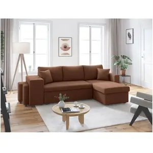 LOUNGITUDE Canapé d'angle réversible convertible OSLO avec coffre, 2 poufs à gauche en velours côtelé marron pas cher