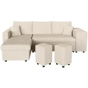 LOUNGITUDE Canapé convertible avec 2 poufs droit en velours côtelé - Beige pas cher