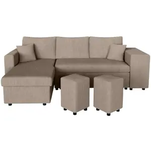 LOUNGITUDE Canapé d'angle réversible convertible OSLO avec coffre, 2 poufs à droite en velours côtelé taupe pas cher