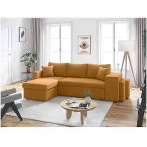 LOUNGITUDE Canapé convertible avec 2 poufs droit en velours côtelé - Jaune pas cher