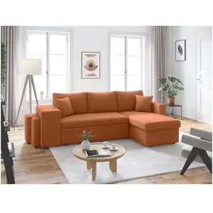 LOUNGITUDE Canapé convertible avec 2 poufs gauche en velours côtelé - Terracotta pas cher