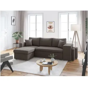 LOUNGITUDE Canapé convertible avec 2 poufs droit en velours côtelé - Gris foncé pas cher