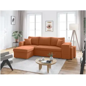 LOUNGITUDE Canapé convertible avec 2 poufs droit en velours côtelé - Terracotta pas cher