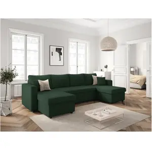 LOUNGITUDE Canapé panoramique convertible 2 coffres en velours côtelé - Vert pas cher