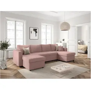 LOUNGITUDE Canapé d'angle panoramique MARIA convertible avec 2 coffres en velours côtelé - Rose pas cher
