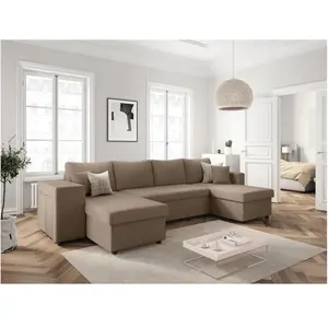 LOUNGITUDE Canapé panoramique avec 2 poufs gauche en velours côtelé - Taupe pas cher