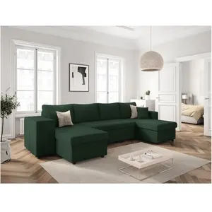 LOUNGITUDE Canapé panoramique avec 2 poufs gauche en velours côtelé - Vert foncé pas cher