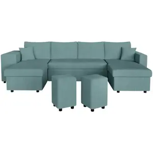 LOUNGITUDE Canapé panoramique OSLO convertible avec 2 coffres, 2 poufs à gauche en velours côtelé bleu clair pas cher