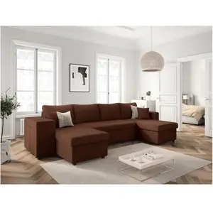 LOUNGITUDE Canapé panoramique OSLO convertible avec 2 coffres, 2 poufs à gauche en velours côtelé marron pas cher