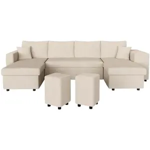 LOUNGITUDE Canapé panoramique avec 2 poufs droit en velours côtelé - Beige pas cher