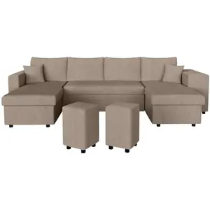 LOUNGITUDE Canapé panoramique avec 2 poufs droit en velours côtelé - Taupe pas cher