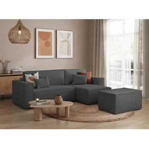 LOUNGITUDE Canapé d'angle convertible avec pouf en tissu texturé 3D - Gris foncé pas cher