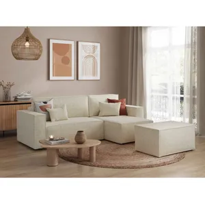LOUNGITUDE Canapé d'angle convertible avec pouf en tissu texturé 3D - Beige pas cher