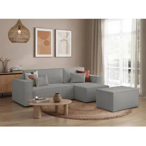 LOUNGITUDE Canapé d'angle convertible avec pouf en tissu texturé 3D - Gris clair pas cher