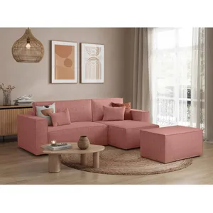 LOUNGITUDE Canapé d'angle convertible avec pouf en tissu texturé 3D - Rose pas cher