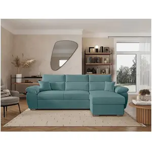 LOUNGITUDE Canapé d'angle reversible convertible en velours côtelé - Bleu clair pas cher