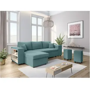 LOUNGITUDE Canapé d'angle MADY convertible avec coffre, rangement poufs à droite en velours côtelé bleu clair pas cher