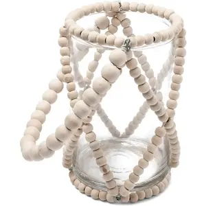 RueDeLaFete Photophore Wood perles et verre 13cm pas cher