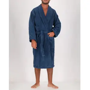 Soft by Perle de Coton - Peignoir Homme en coton et velours bleu jean T.L pas cher