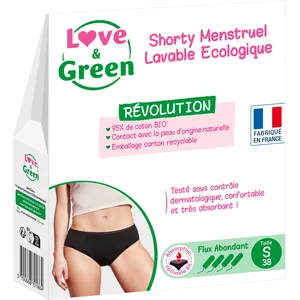 Love & Green - Shorty Menstruel Lavable Ecologique, coton BIO - Taille S (38) - Flux Normal pas cher