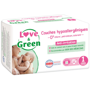 Comparateur de prix : Love And Green Couches Hypoallergéniques 44 Couches Taille 1 (2-5 kg)