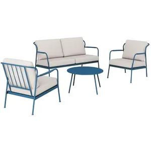 PROLOISIRS Ensembe salon de jardin 4 places Noa II en acier - coussins polyeste - bleu/beige clair pas cher