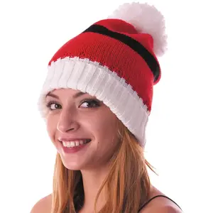 Comparateur de prix : Bonnet de Noël tricoté - Rouge et blanc - Pompon vert - Taille unique