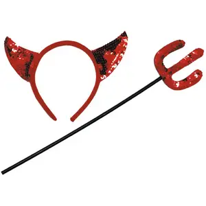 Comparateur de prix : Set de diable brillant - Serre tête et fourche à paillettes rouges