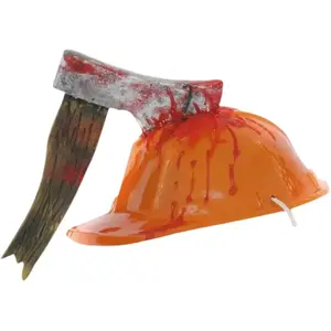CASQUE ORANGE + HACHE ENSANGLANTÉE - 26x25x23cm pas cher