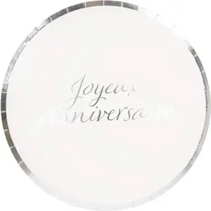 RueDeLaFete Sachet de 8 Assiettes Joyeux Anniversaire, blanc et argent pas cher