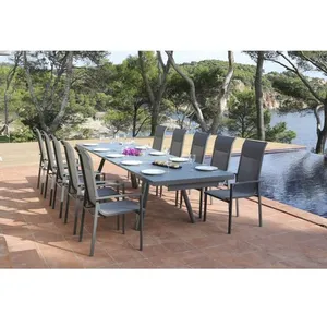 Lot salon de jardin avec table NOISETTE 220/340x100 verre texturé + 8 fauteuils haut dossier empilables NOISETTE pas cher