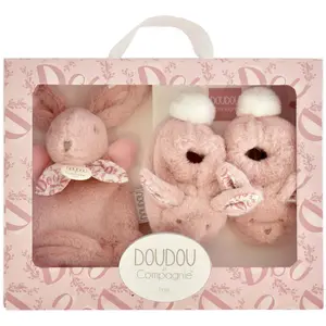 Coffret chaussons et doudou lapin ROSE Doudou & Compagnie pas cher