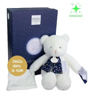 Peluche ours luminescent avec mouchoir 28 cm - Clair de Lune pas cher