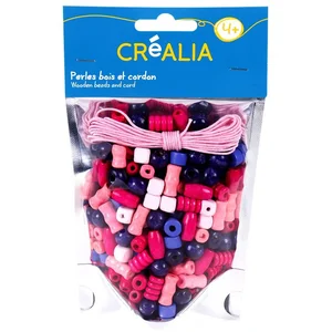 Sachet de perles roses en bois avec cordon - Créalia