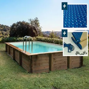 HABITAT ET JARDIN Piscine bois en kit rectangle "Oceano " - 9.20 x 5.20 x 1.44 m - Bâche à bulles 400 µ - Bâche hiver 280 g/m² pas cher