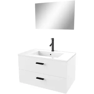 Comparateur de prix : AURLANE Meuble salle de bain 80 cm suspendu 2 tiroirs Blanc avec vasque et miroir - box-in