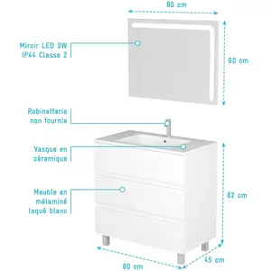 AURLANE Ensemble meuble de salle de bain blanc 80 cm sur pied 3 tiroirs + vasque ceramique blanche + miroir pas cher