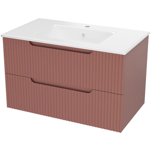Comparateur de prix : AURLANE Meuble De Salle De Bains 80cm Terracotta - 2 Tiroirs En Mdf Ondulés - Vasque À Encastrer Blanche