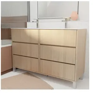 Comparateur de prix : AURLANE Pack Meuble Salle de Bains 120 cm Chêne Clair, 6 tiroirs avec Vasque Céramique - XENOS