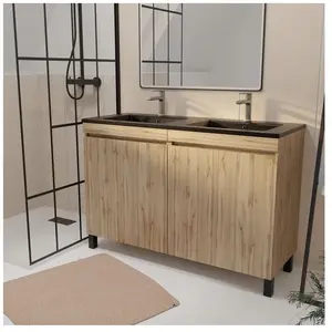 Comparateur de prix : AURLANE Meuble de salle de bains 120 cm 4 Portes Chêne Industriel + Vasque Double Céramique Noire - TIMBER