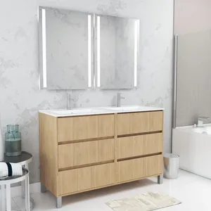 Comparateur de prix : AURLANE Meuble Salle de Bains 120 cm Chêne Clair 6 Tiroirs, Vasque, Mi...