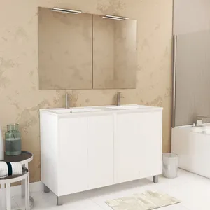 Comparateur de prix : AURLANE Meuble salle de bains 120 cm laqué blanc 4 portes, vasque, miroirs 60x80 et réglettes led - xenos