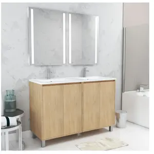 Comparateur de prix : AURLANE Meuble Salle de Bains 120 cm Chêne Clair 4 Portes, Vasque, Miroirs 60x80 à Leds intégrées - XENOS