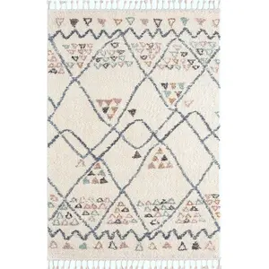 Nazar Tapis DELYA à poils longs à motif ethnique crème avec franges - 160x230 cm 160 x 230 cm pas cher