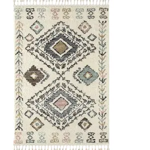 NAZAR Tapis DELYA à poils longs à motif géométrique crème avec franges - 160x230 cm 160 x 230 cm pas cher