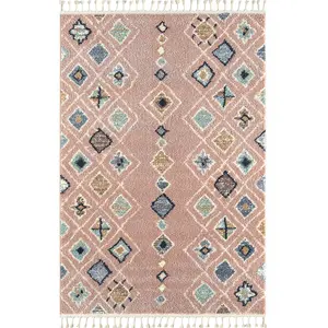 NAZAR Tapis DELYA à poils longs à motif losange rose avec franges - 120x170 cm 120 x 170 cm pas cher