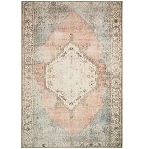 Nazar Tapis vintage motif orient effet usé bleu pastel et rose 120x170 pas cher