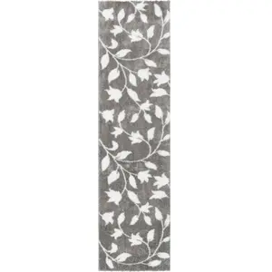 Nazar Tapis shaggy motif fleur gris - 80x300 cm pas cher